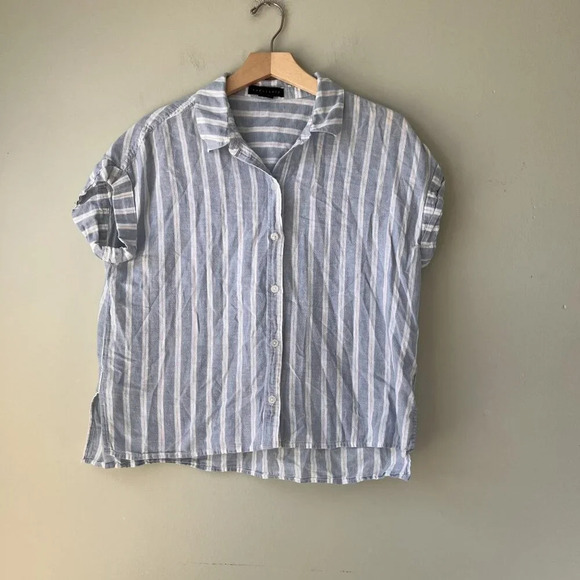 Striped Linen Blend‎ Short Sleeve Button-Up Shirt By Sanctuary Size M - Picture 1 of 4
